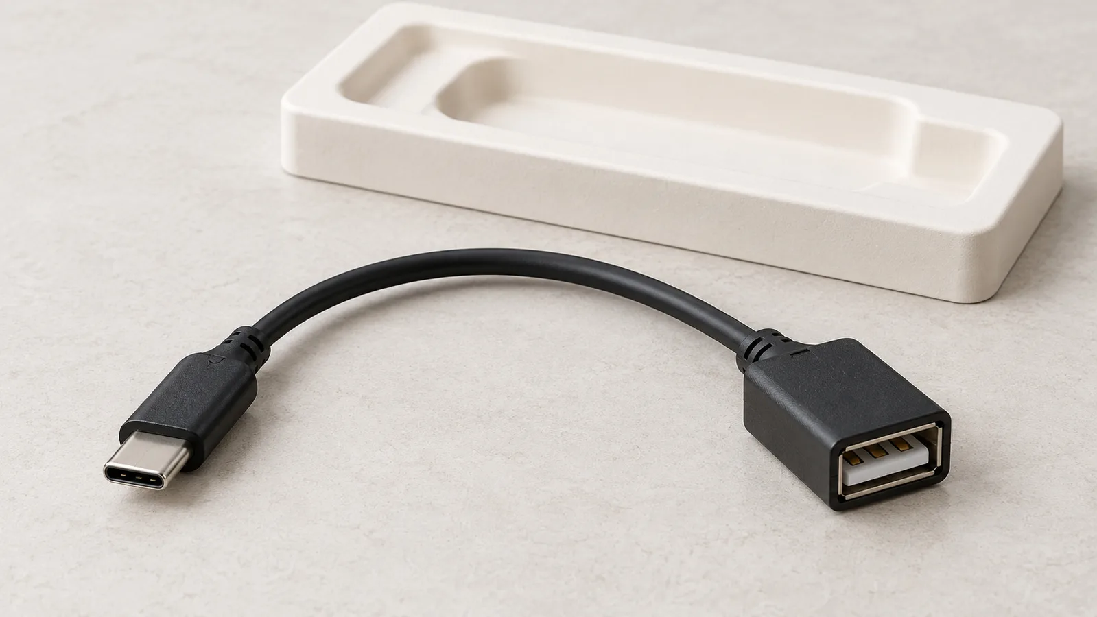 ایک عام USB اڈاپٹر کیبل دونوں کنیکٹر کے سروں کے ساتھ غیر جانبدار معائنہ کی سطح پر نظر آتی ہے